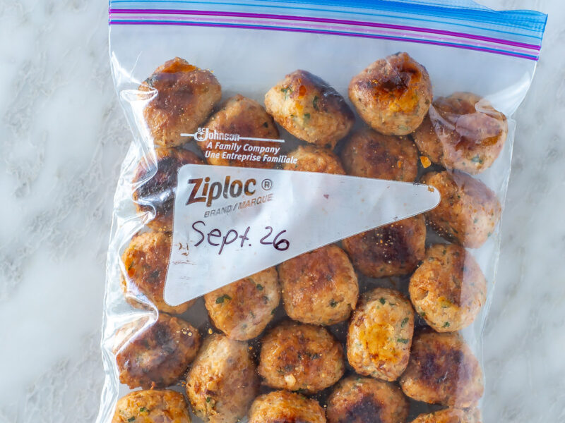 Baked turkey meatballs in a freezer bag.