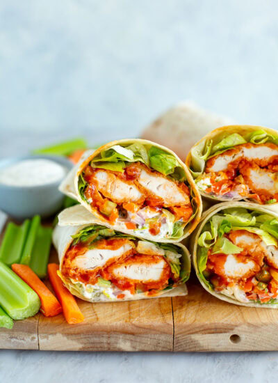 Close-up shot of crunchy buffalo chicken wraps