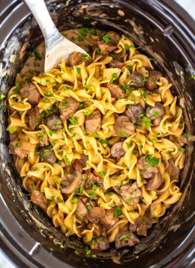 Crockpot beef stroganoff in a slow cooker.