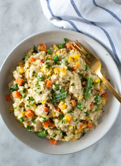 Creamy crockpot chicken and rice in a bowl