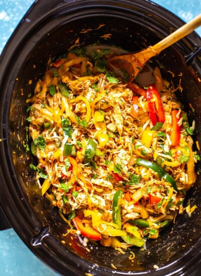 Crockpot Chicken Fajitas, close up shot in the crockpot