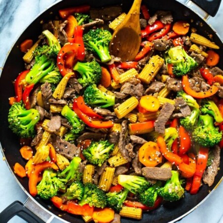 beef stir fry in a skillet