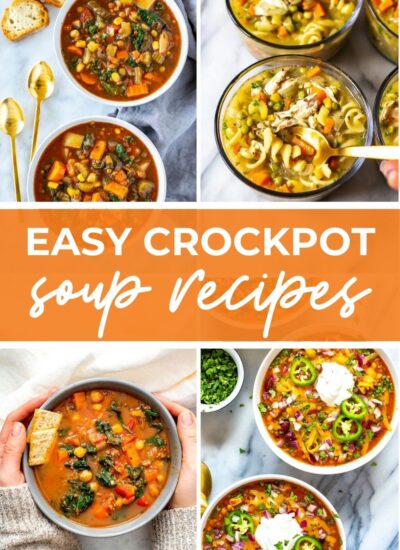 Collage of soups, with text that says 'Easy Crockpot Soup Recipes'