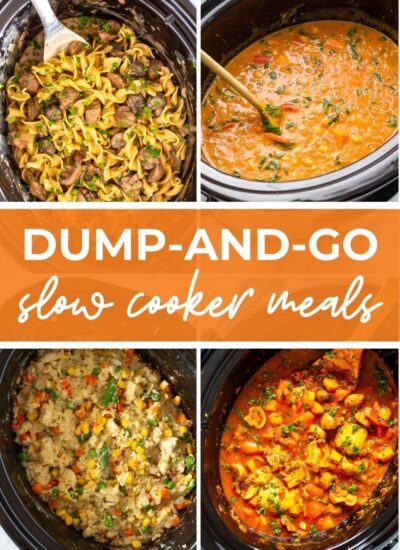 Collage of slow cooker recipes with text that says 'Dump-and-go Slow Cooker Meals'