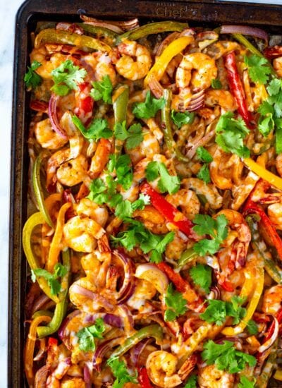 Shrimp fajitas on a sheet pan