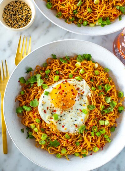 A close-up of a bowl of spicy noodles topped with a fried egg, green onions and cilantro.